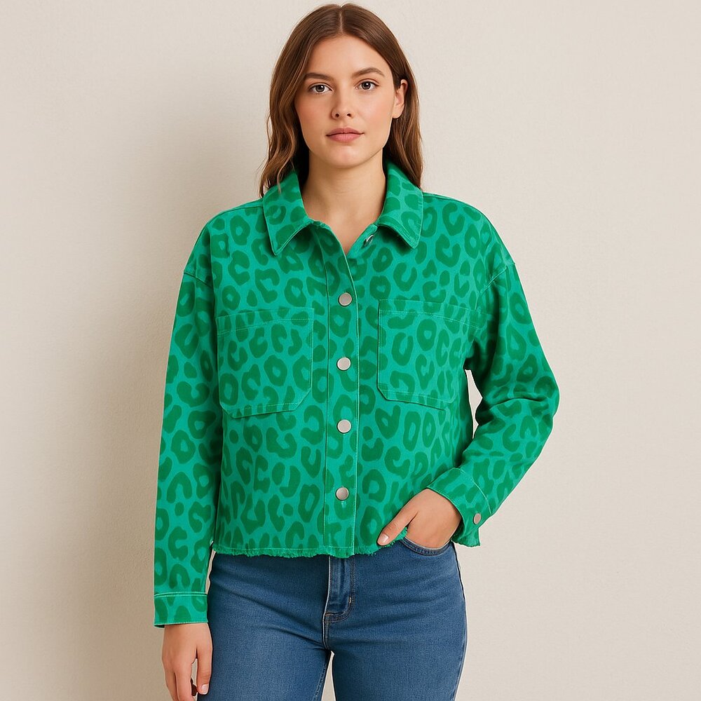Jodifl NEW Green Leopard Print Button Front Shacket Jacket Raw Hem S L